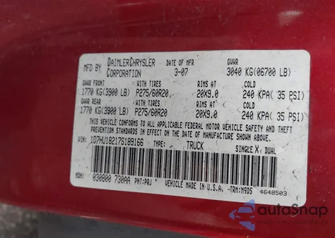 2007 Dodge Ram 1500 Slt/Trx4 Off Road/Sport из США, поврежденный, VIN 1D7HU18217S189166